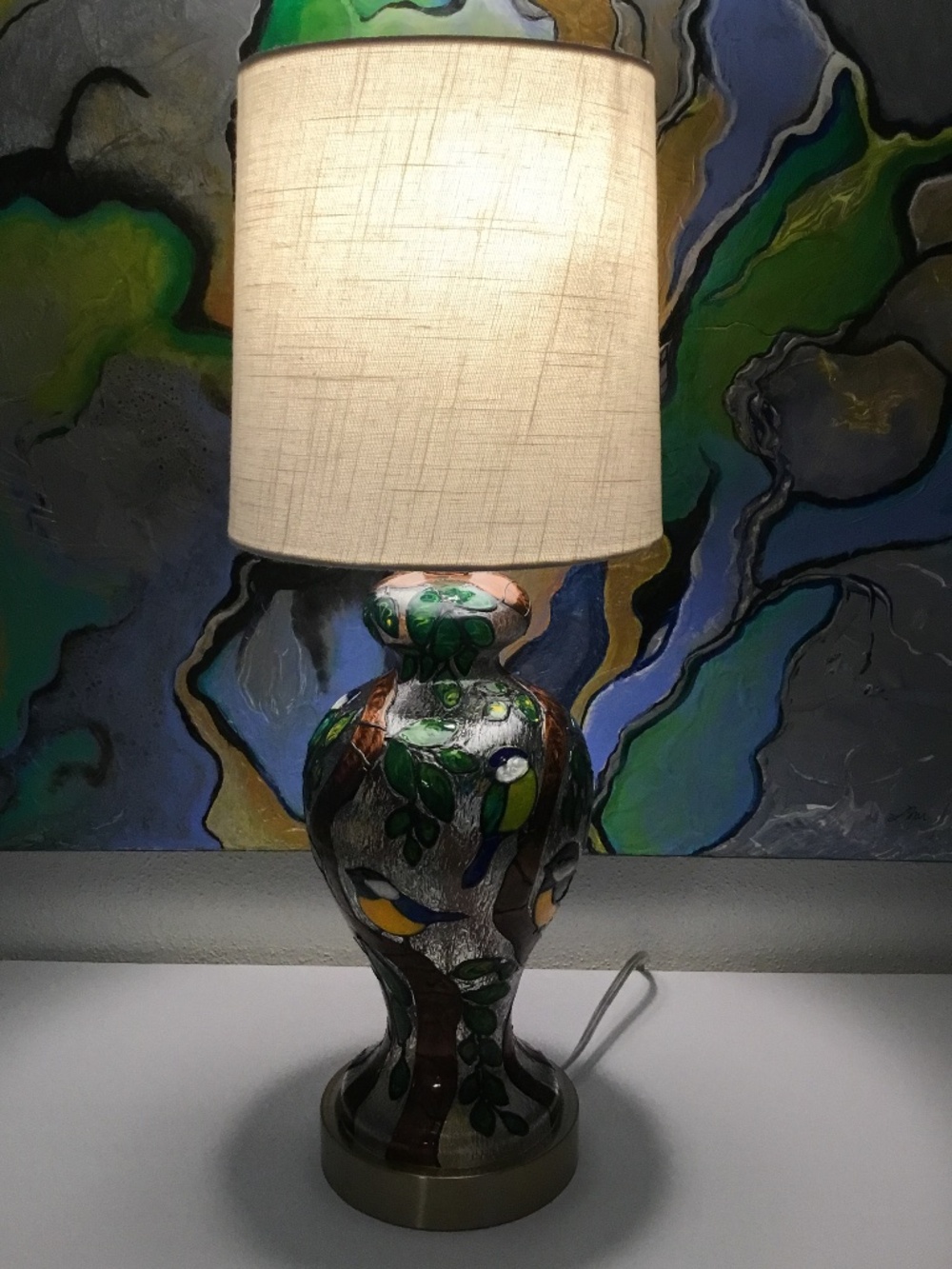 Hand Painted Stained glass Birds and Vine 22 inches tall lamp